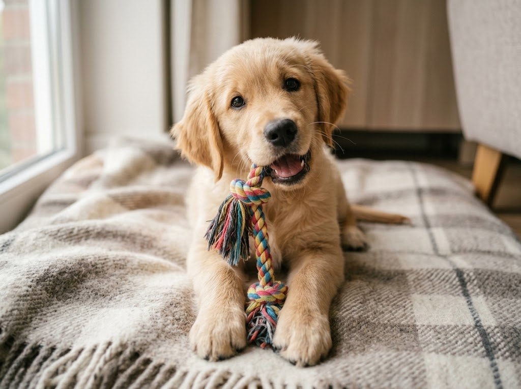Chiot golden retriever avec son jouet