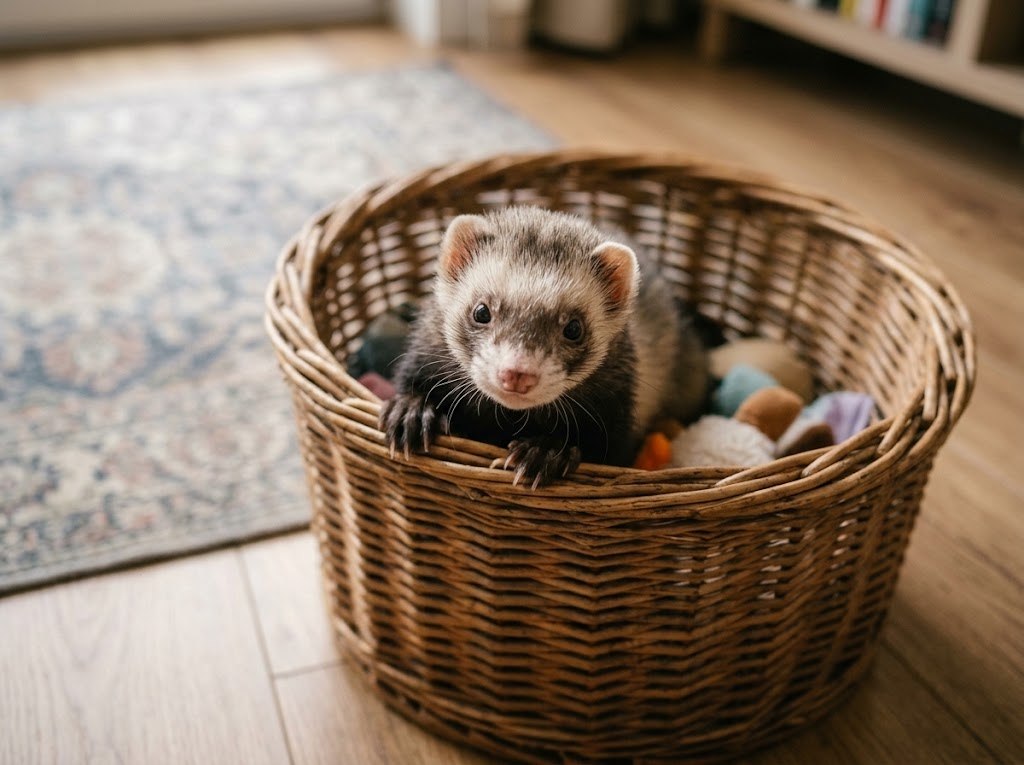 Furet curieux dans son panier